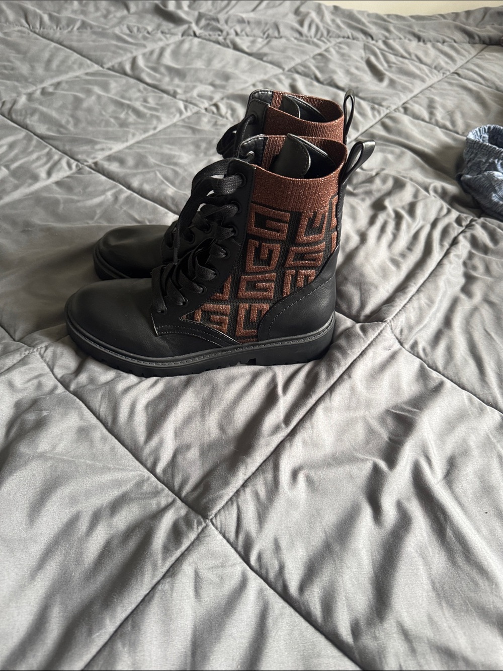 Black Leather Combat Boots with Brown Geometric Knit Panel